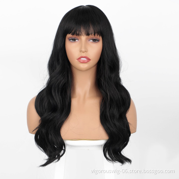 Vigorous wholesale price high quality 22 inch body wave synthetic long body wave hair wigs with bangs for black women